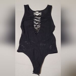 Black Gothic Mesh Distressed Bodysuit LARGE